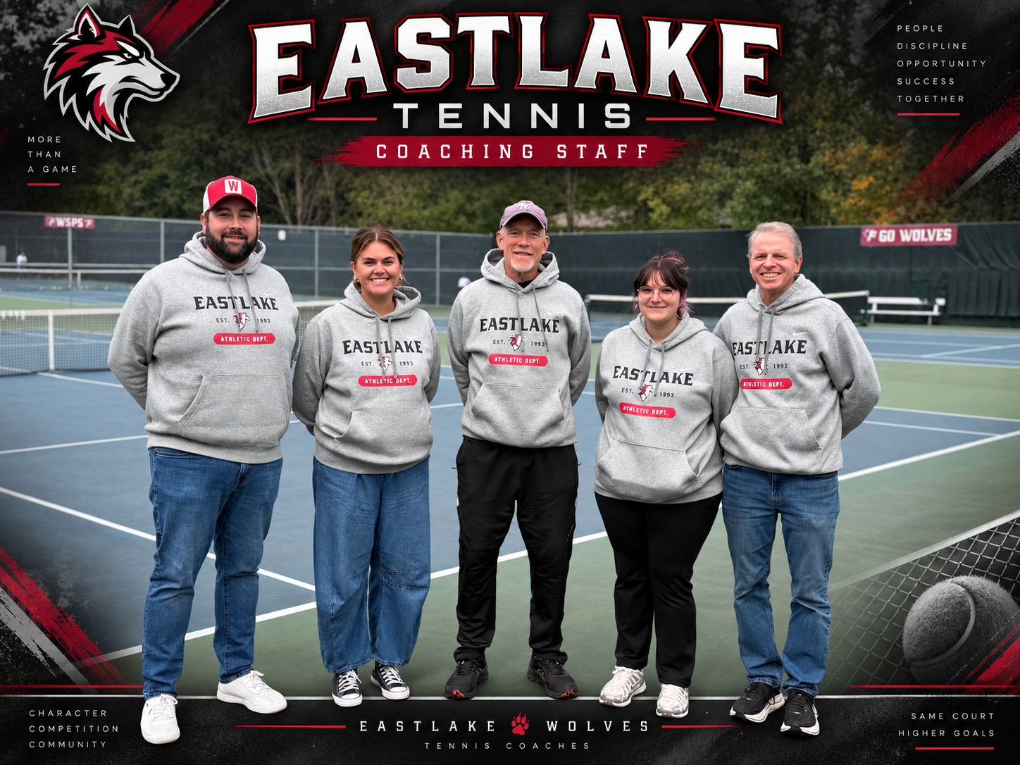 Eastlake Boys Tennis coaching staff standing together on the tennis courts